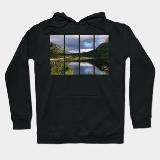 Wonderful landscapes in Norway. Nordland. Beautiful scenery of a white house in a valley on the Lofoten Islands. Summer sunny day Hoodie